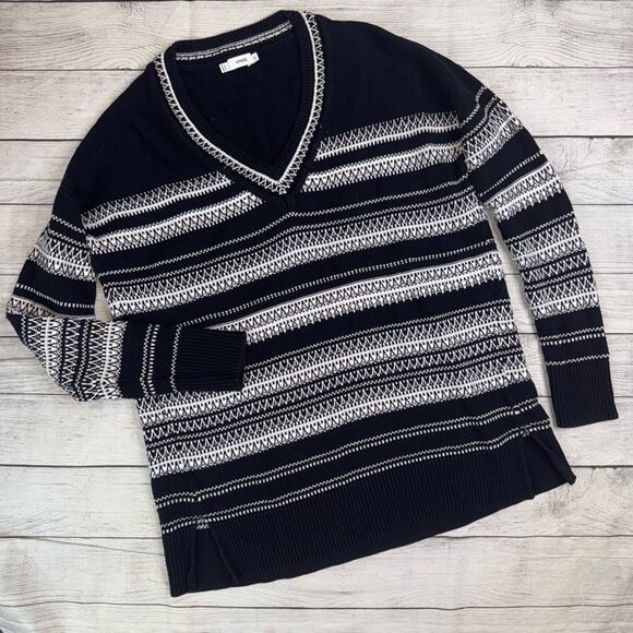 VINCE Women's Textured Knit V-Neck Relaxed Fit Sweater Black and White Size XS - Picture 3 of 8